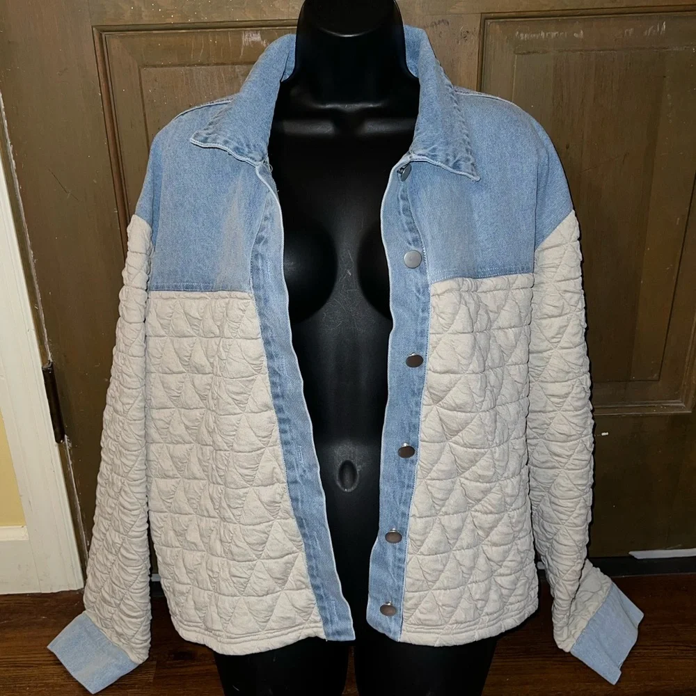 So Me Quilted Cream Button Up Light Blue Denim Trim Long Sleeve Jacket Size XL - Picture 3 of 12